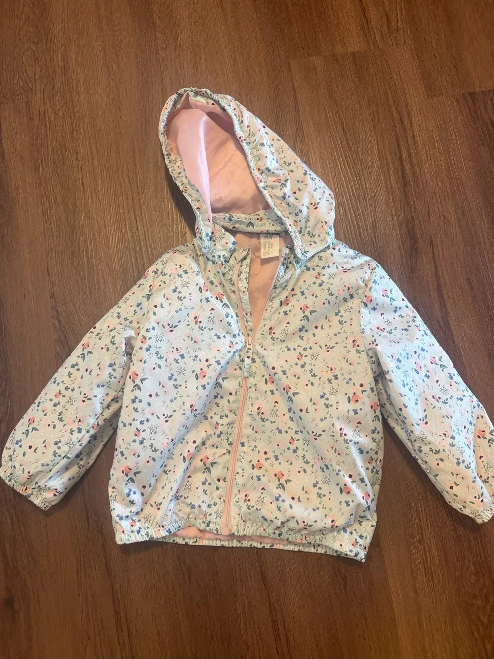 Kids Hooded Floral Windbreaker Jacket - Light Blue/Pink